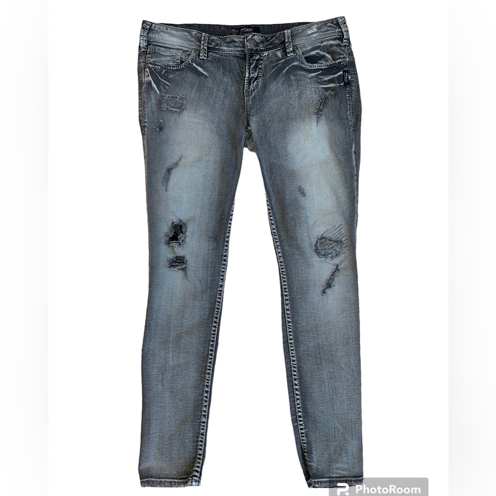 Silver Jeans grey black Aiko skinny distressed denim jeans women’s size 32/31